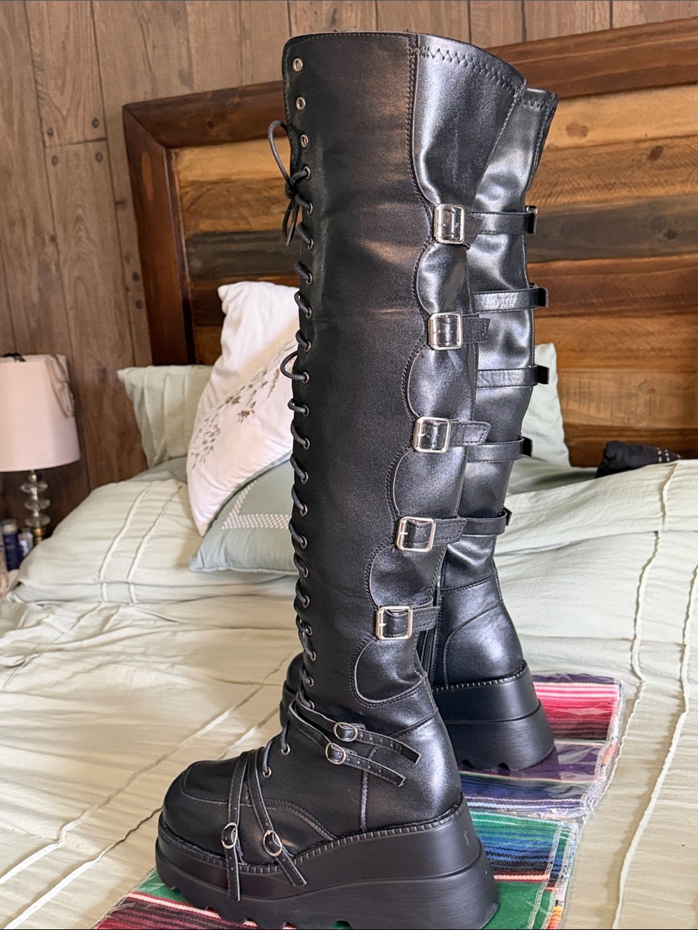 Black Thigh-High Platform Lace-Up Combat Boots - Picture 2 of 6